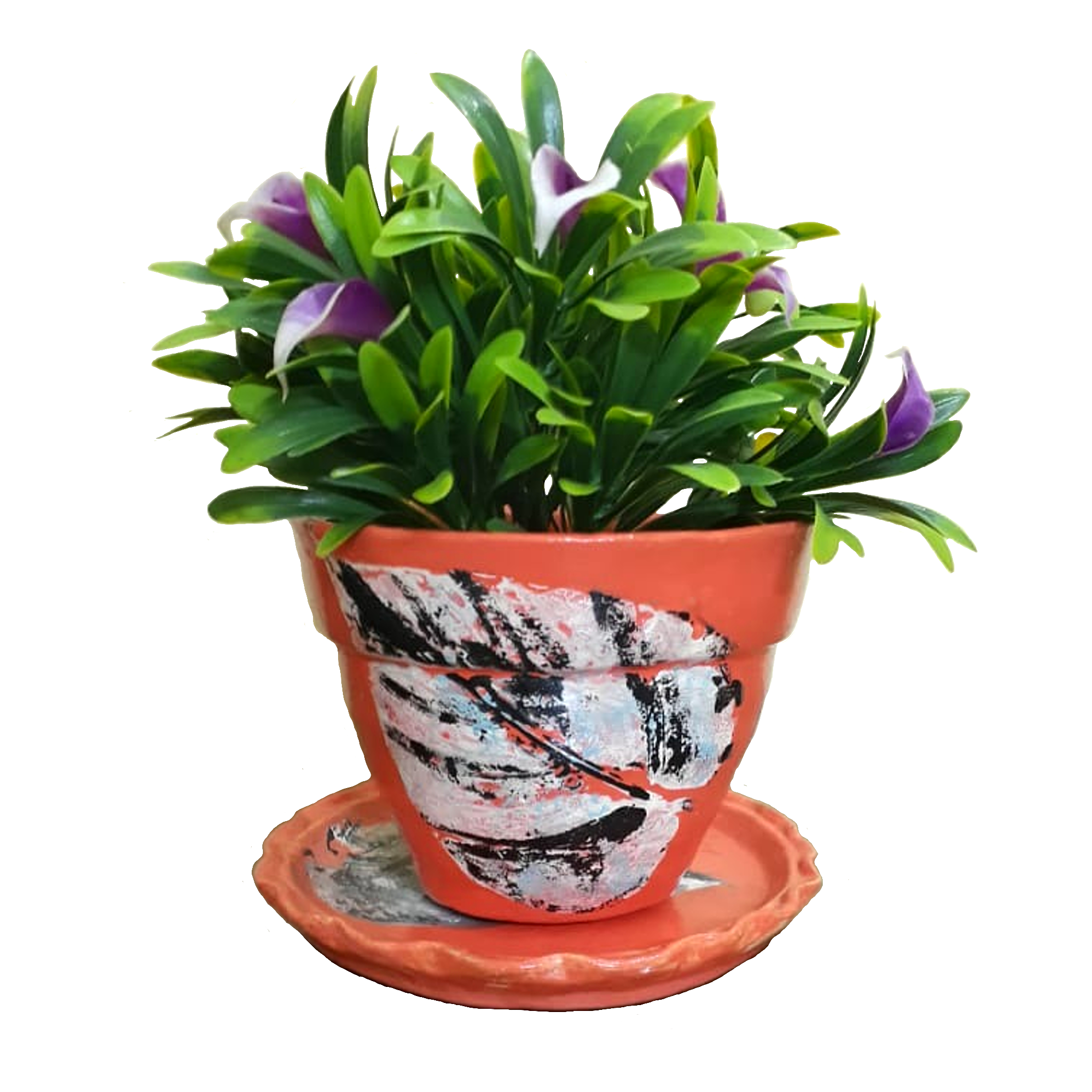 2021_08_19_0oz_Kleki Orange Earthen Plant Pots with Black and White Ficus Leaf Print- Image with plants