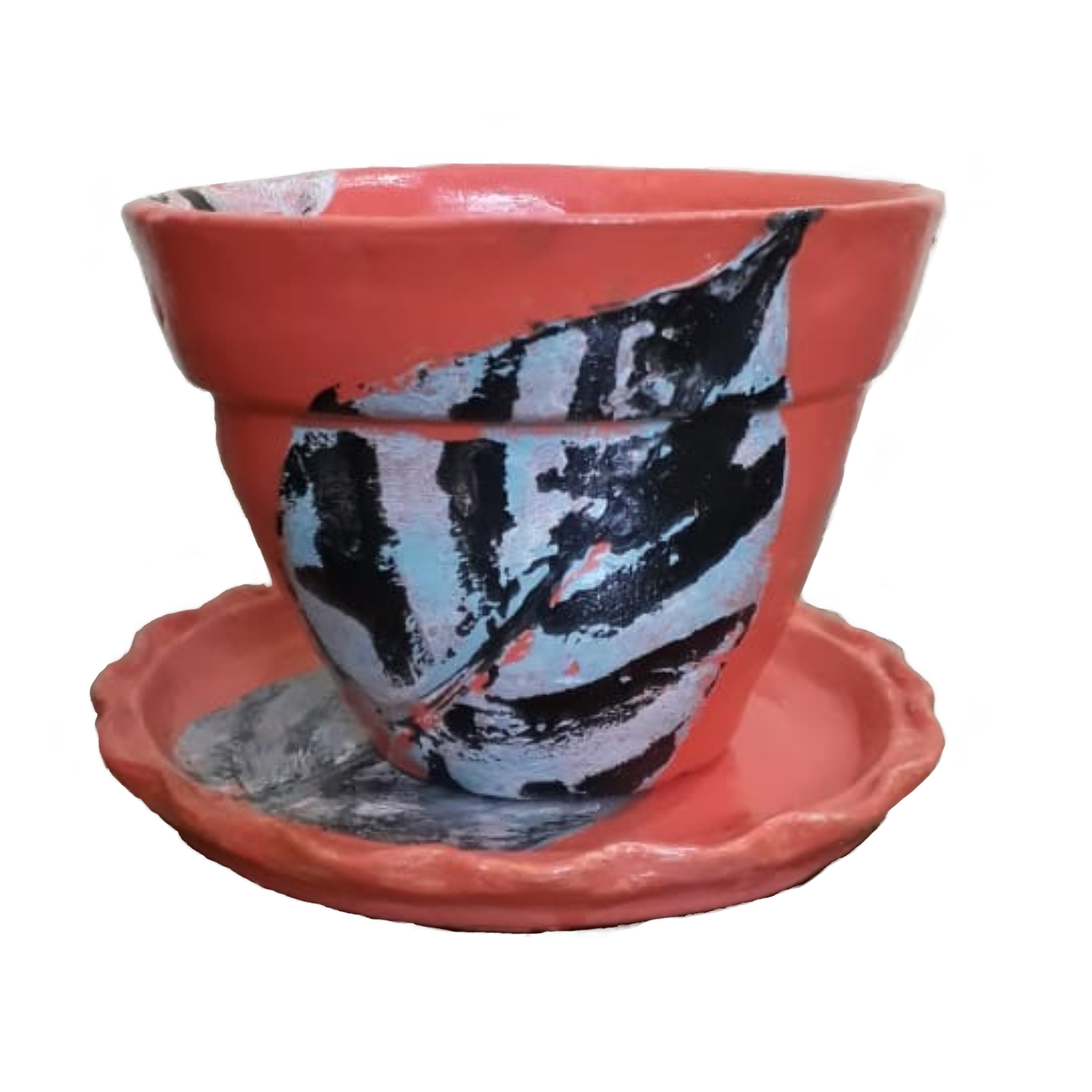 New Project Orange Earthen Plant Pots with Black and White Ficus Leaf Print- Image without plants