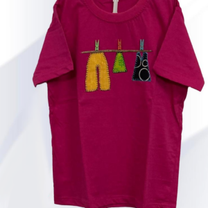 Magenta pink cotton T-shirt for boys and girls with wooden beads,jute,appliqué work and embroidery- front view