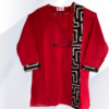 Red cotton kurta with black & white printed patch and embroidery- front view