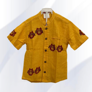 Yellow and red hand block printed cotton shirt- front view