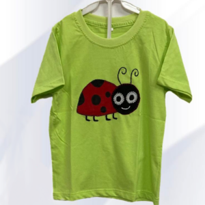 Neon green cotton T-shirt for boys and girls with red & black ladybug appliqué- front view