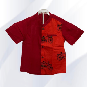 Red and rust orange half and half (front) hand block printed cotton shirt- front view