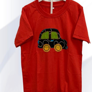 Rust orange cotton T-shirt for boys and girls with car appliqué- front view