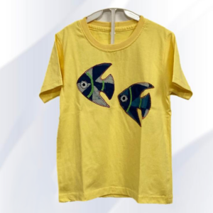 Light yellow T-shirt for boys and girls with indigo blue fish appliqué and embroidery- front view