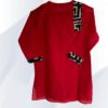 Red cotton kurta with black & white printed patch and embroidery- back view