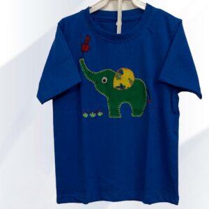Blue cotton T-shirt for boys and girls with green and yellow elephant applique and embroidery- front view