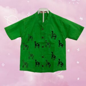 Green & black hand block printed cotton shirt- front view