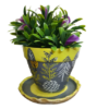 Lime Yellow and Grey Earthen Plant Pots with Tree Designs- Image with plants