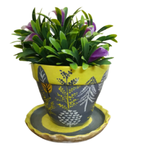 Lime Yellow and Grey Earthen Plant Pots with Tree Designs- Image with plants